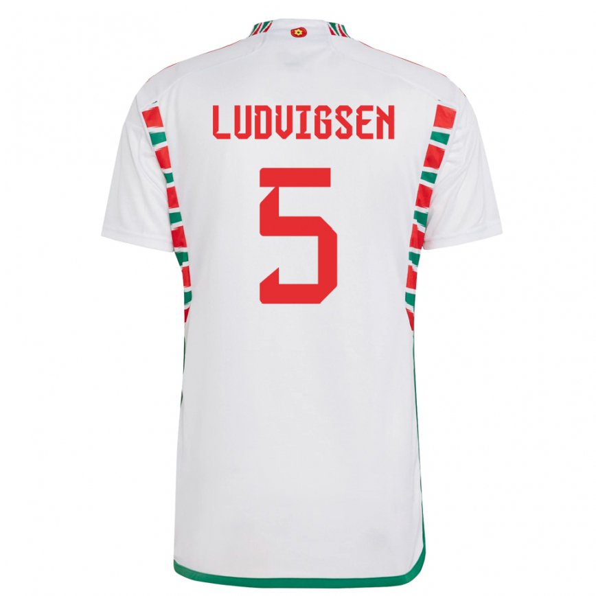 Gyermek Walesi Kai Ludvigsen #5 Fehér Idegenbeli Jersey 22-24 Mez Póló