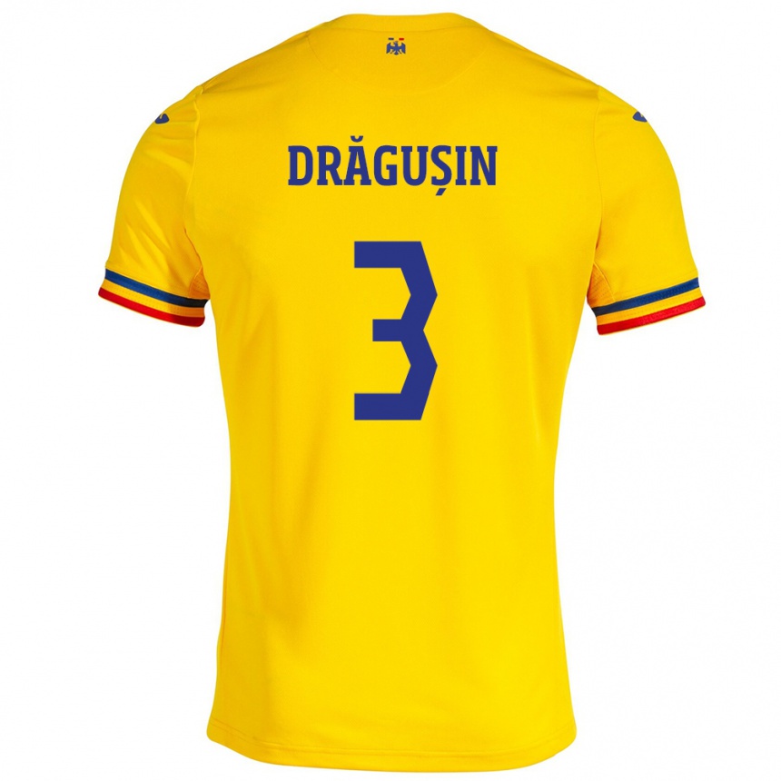 Gyermek Labdarúgás Románia Radu Drăgușin #3 Sárga Hazai Jersey 24-26 Mez Póló Ing