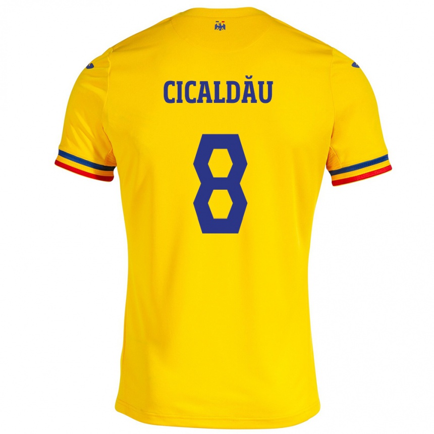 Gyermek Labdarúgás Románia Alexandru Cicâldău #8 Sárga Hazai Jersey 24-26 Mez Póló Ing