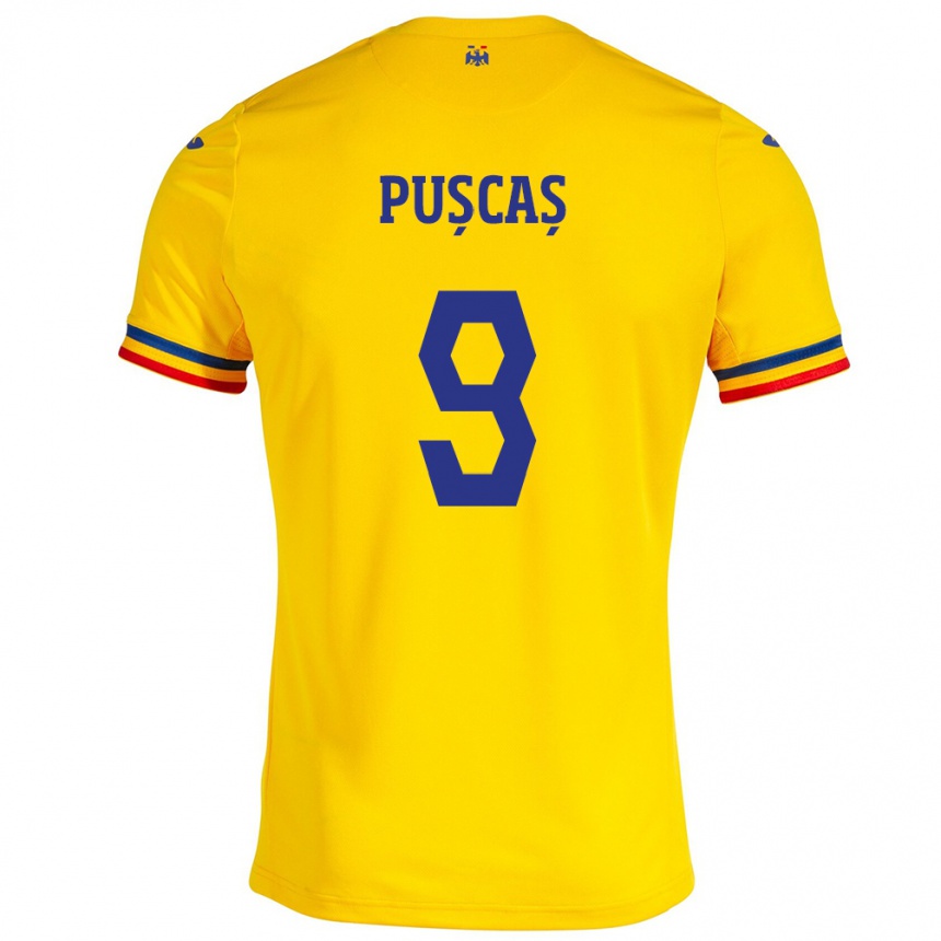 Gyermek Labdarúgás Románia George Pușcaș #9 Sárga Hazai Jersey 24-26 Mez Póló Ing