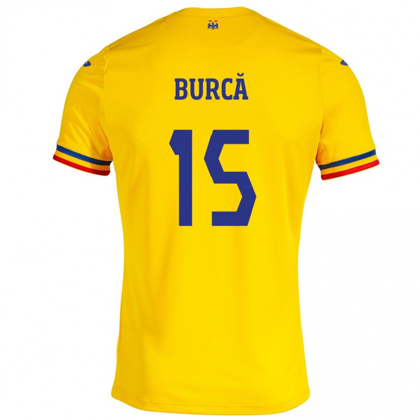 Gyermek Labdarúgás Románia Andrei Burcă #15 Sárga Hazai Jersey 24-26 Mez Póló Ing