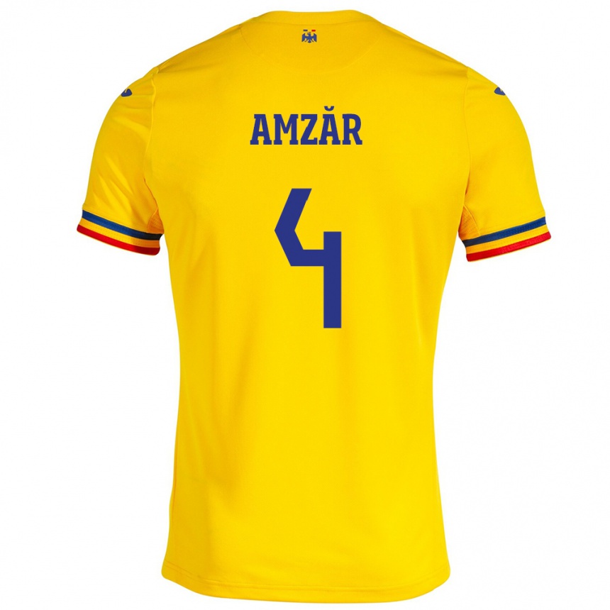 Gyermek Labdarúgás Románia Costin Amzăr #4 Sárga Hazai Jersey 24-26 Mez Póló Ing