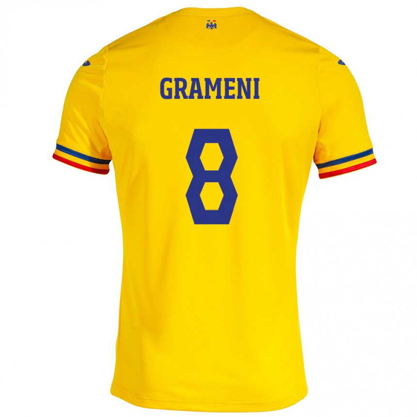 Gyermek Labdarúgás Románia Constantin Grameni #8 Sárga Hazai Jersey 24-26 Mez Póló Ing