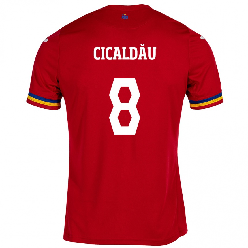 Gyermek Labdarúgás Románia Alexandru Cicâldău #8 Piros Idegenbeli Jersey 24-26 Mez Póló Ing