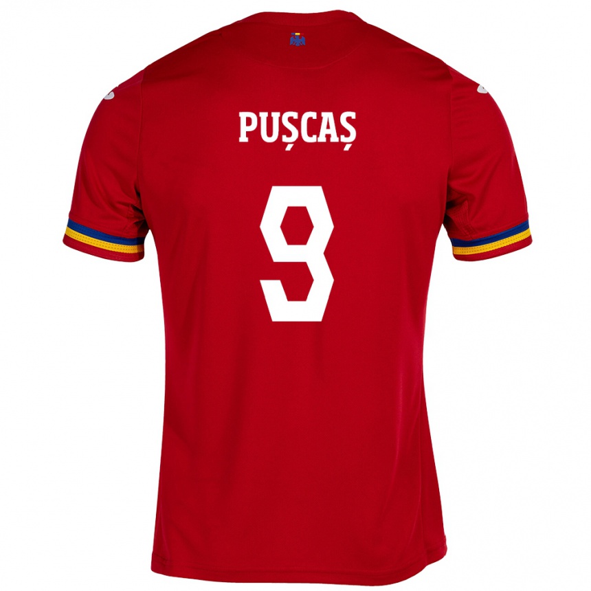 Gyermek Labdarúgás Románia George Pușcaș #9 Piros Idegenbeli Jersey 24-26 Mez Póló Ing