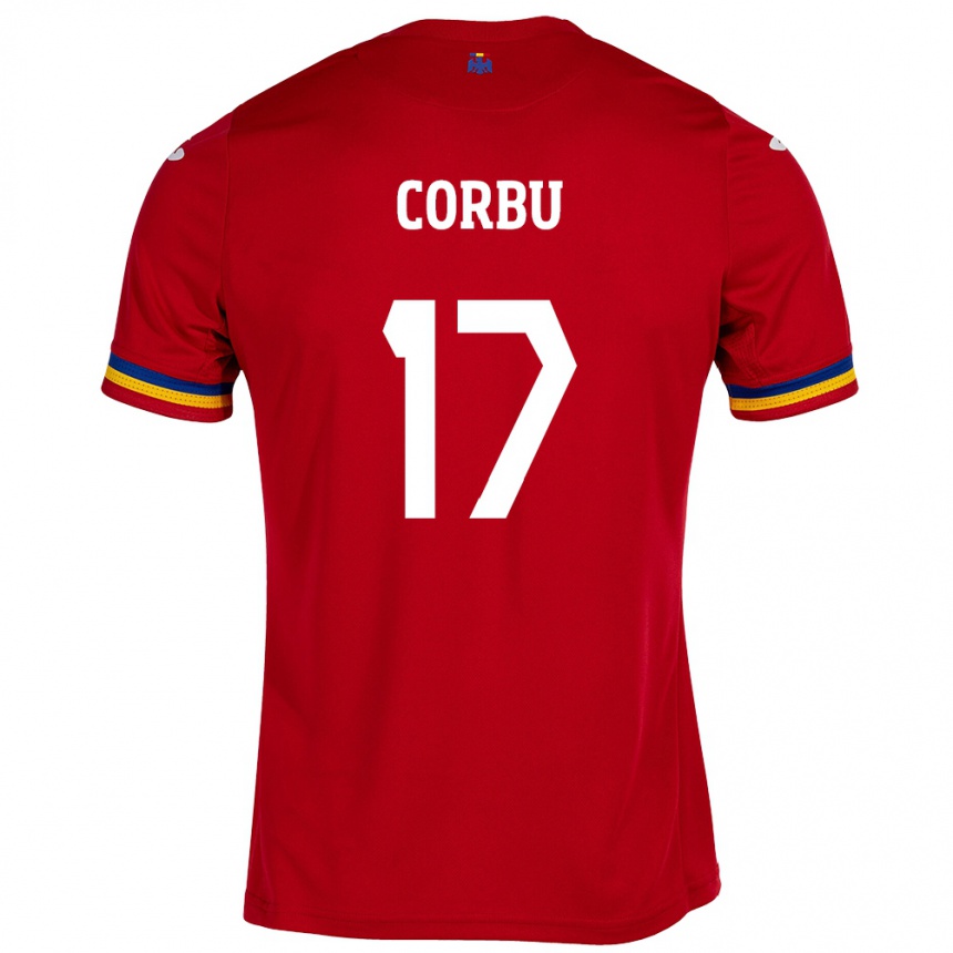 Gyermek Labdarúgás Románia Marius Corbu #17 Piros Idegenbeli Jersey 24-26 Mez Póló Ing