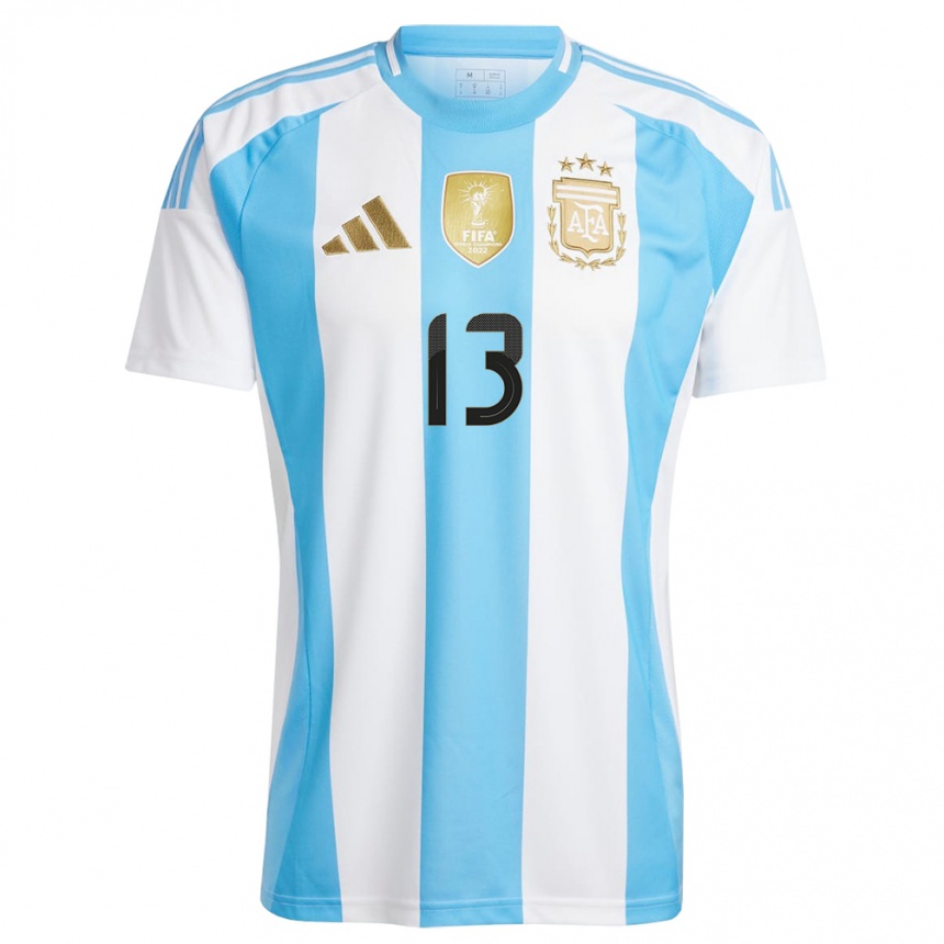 Gyermek Labdarúgás Argentína Thiago Schiavulli #13 Fehér Kék Hazai Jersey 24-26 Mez Póló Ing