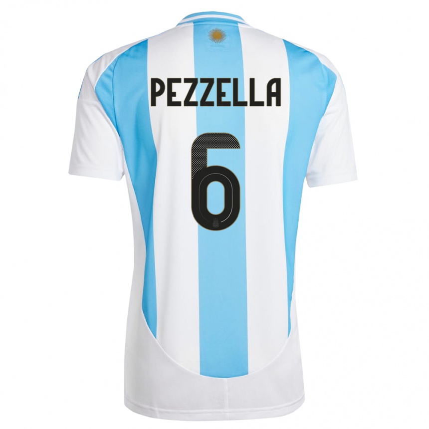 Gyermek Labdarúgás Argentína German Pezzella #6 Fehér Kék Hazai Jersey 24-26 Mez Póló Ing