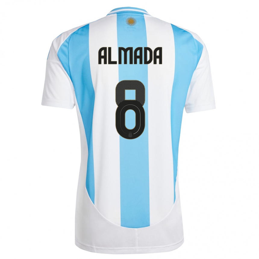 Gyermek Labdarúgás Argentína Thiago Almada #8 Fehér Kék Hazai Jersey 24-26 Mez Póló Ing