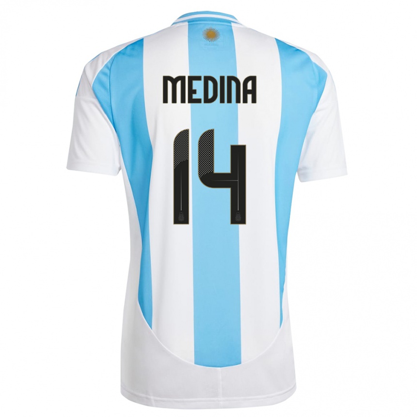 Gyermek Labdarúgás Argentína Facundo Medina #14 Fehér Kék Hazai Jersey 24-26 Mez Póló Ing