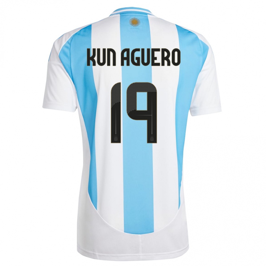 Gyermek Labdarúgás Argentína Sergio Aguero #19 Fehér Kék Hazai Jersey 24-26 Mez Póló Ing