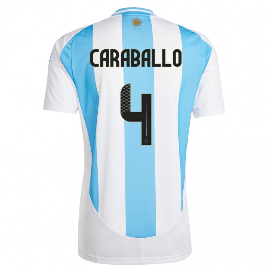 Gyermek Labdarúgás Argentína Brian Caraballo #4 Fehér Kék Hazai Jersey 24-26 Mez Póló Ing