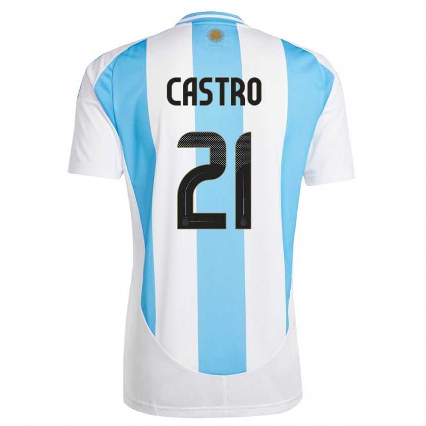 Gyermek Labdarúgás Argentína Santiago Castro #21 Fehér Kék Hazai Jersey 24-26 Mez Póló Ing