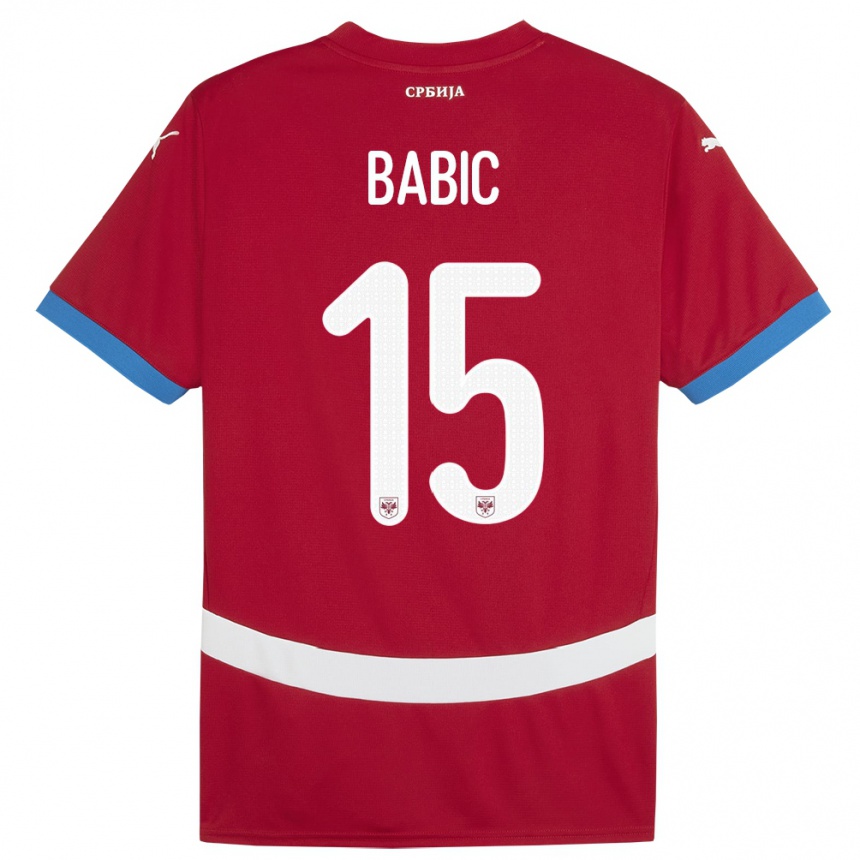 Gyermek Labdarúgás Szerbia Srdjan Babic #15 Piros Hazai Jersey 24-26 Mez Póló Ing