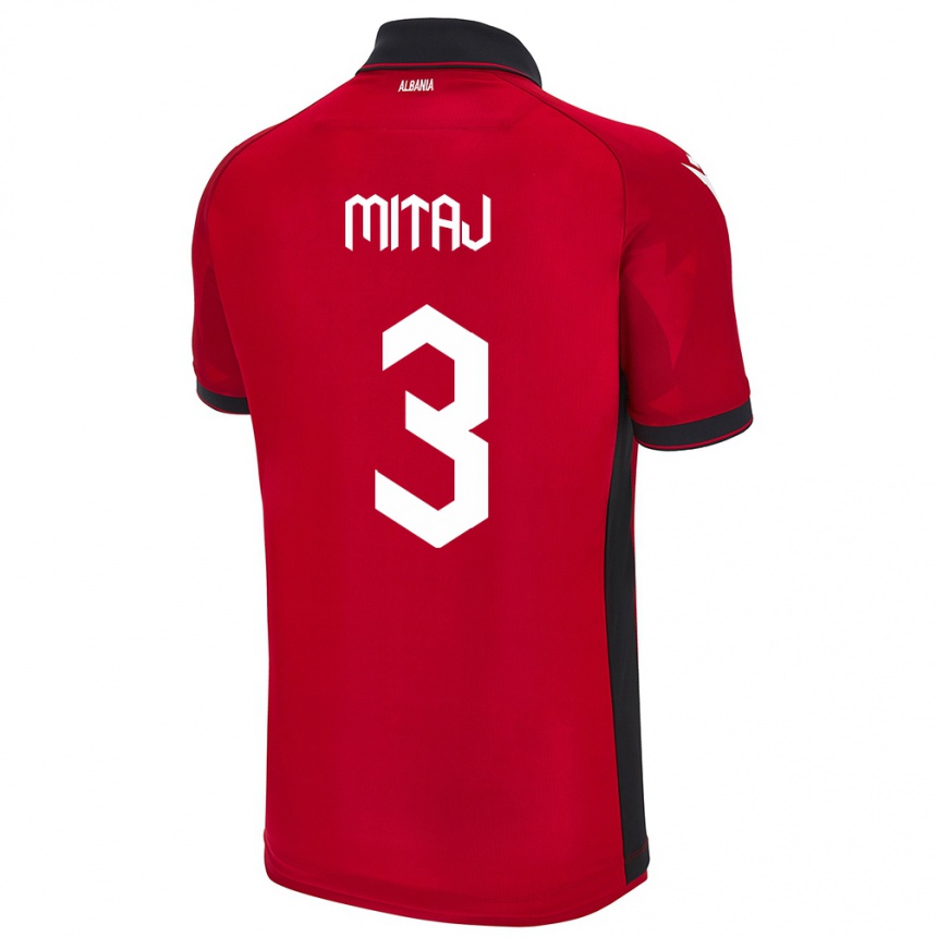 Gyermek Labdarúgás Albania Mario Mitaj #3 Piros Hazai Jersey 24-26 Mez Póló Ing