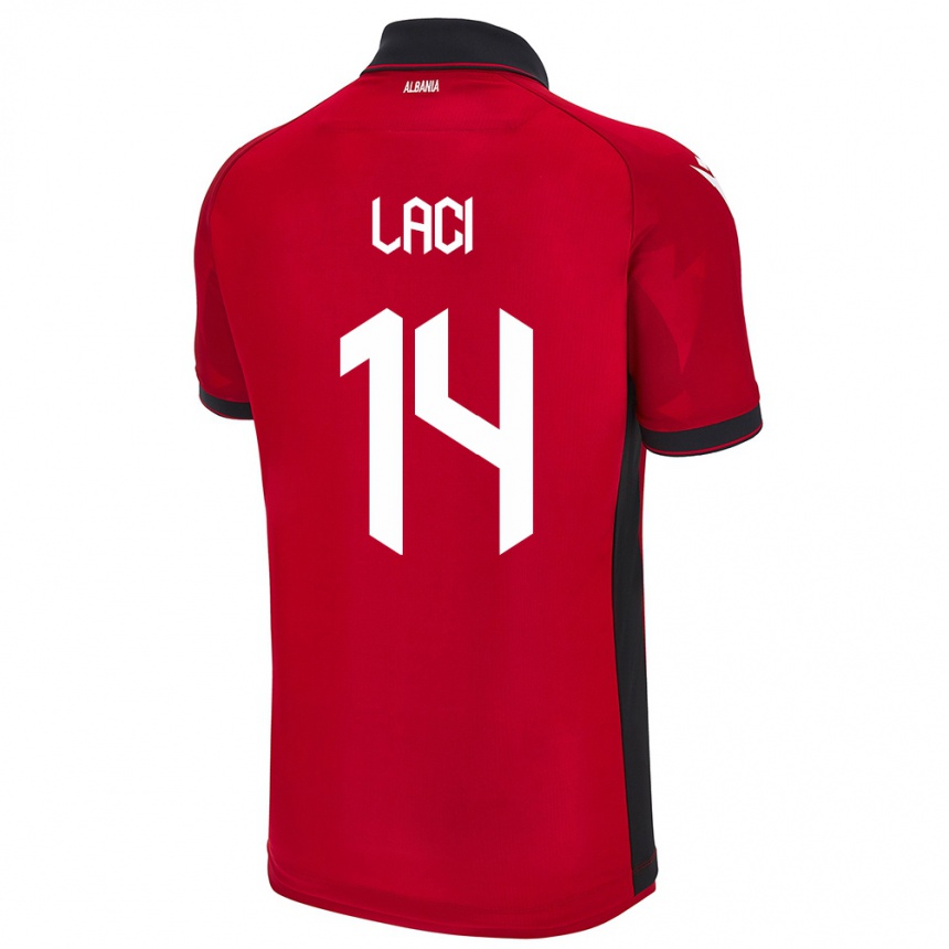 Gyermek Labdarúgás Albania Qazim Laci #14 Piros Hazai Jersey 24-26 Mez Póló Ing