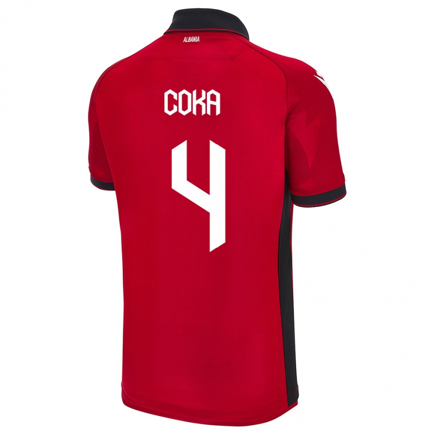 Gyermek Labdarúgás Albania Jehona Coka #4 Piros Hazai Jersey 24-26 Mez Póló Ing