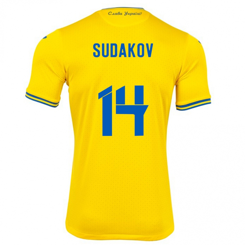 Gyermek Labdarúgás Ukrajna Georgiy Sudakov #14 Sárga Hazai Jersey 24-26 Mez Póló Ing