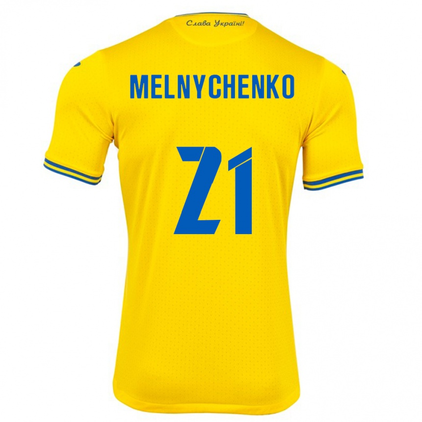 Gyermek Labdarúgás Ukrajna Maksym Melnychenko #21 Sárga Hazai Jersey 24-26 Mez Póló Ing