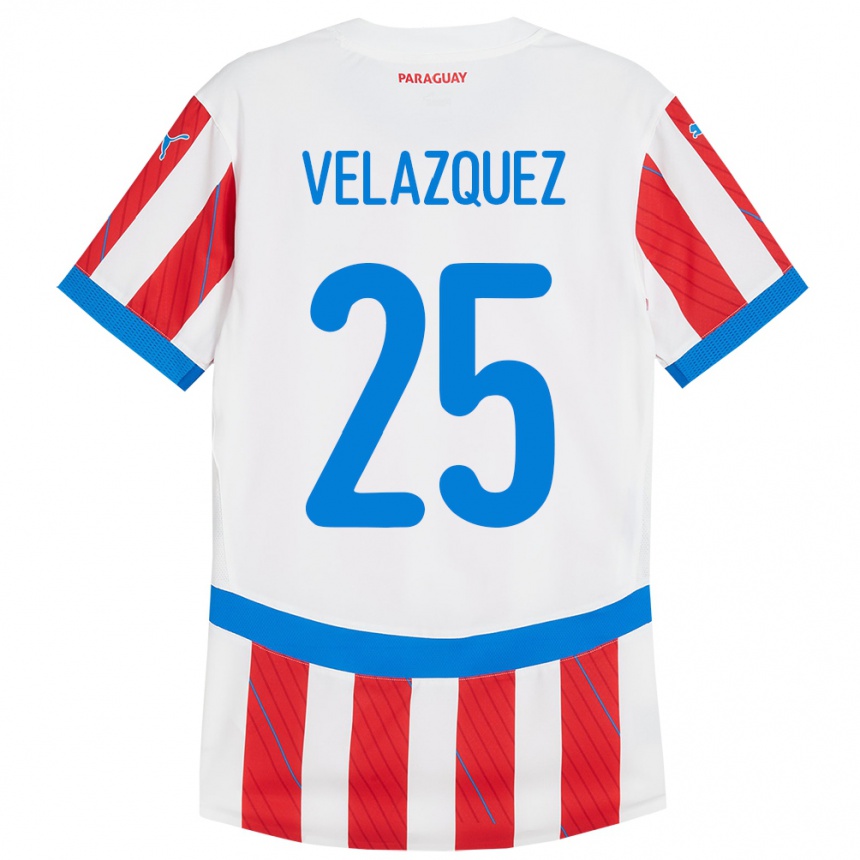 Gyermek Labdarúgás Paraguay Gustavo Velázquez #25 Fehér Piros Hazai Jersey 24-26 Mez Póló Ing