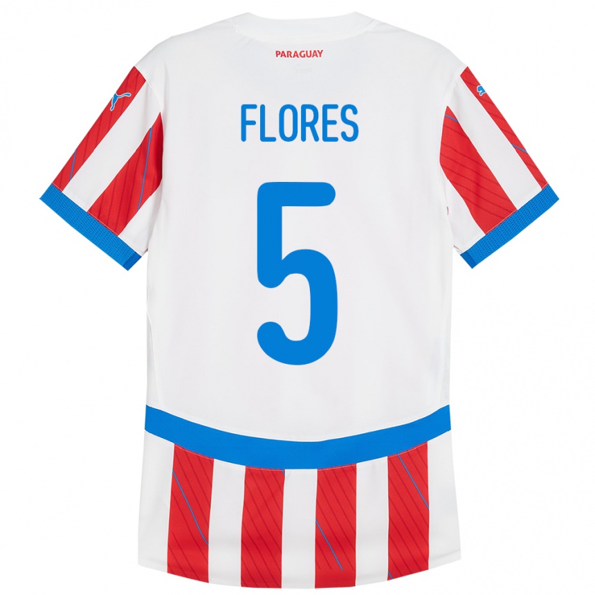 Gyermek Labdarúgás Paraguay Gilberto Flores #5 Fehér Piros Hazai Jersey 24-26 Mez Póló Ing