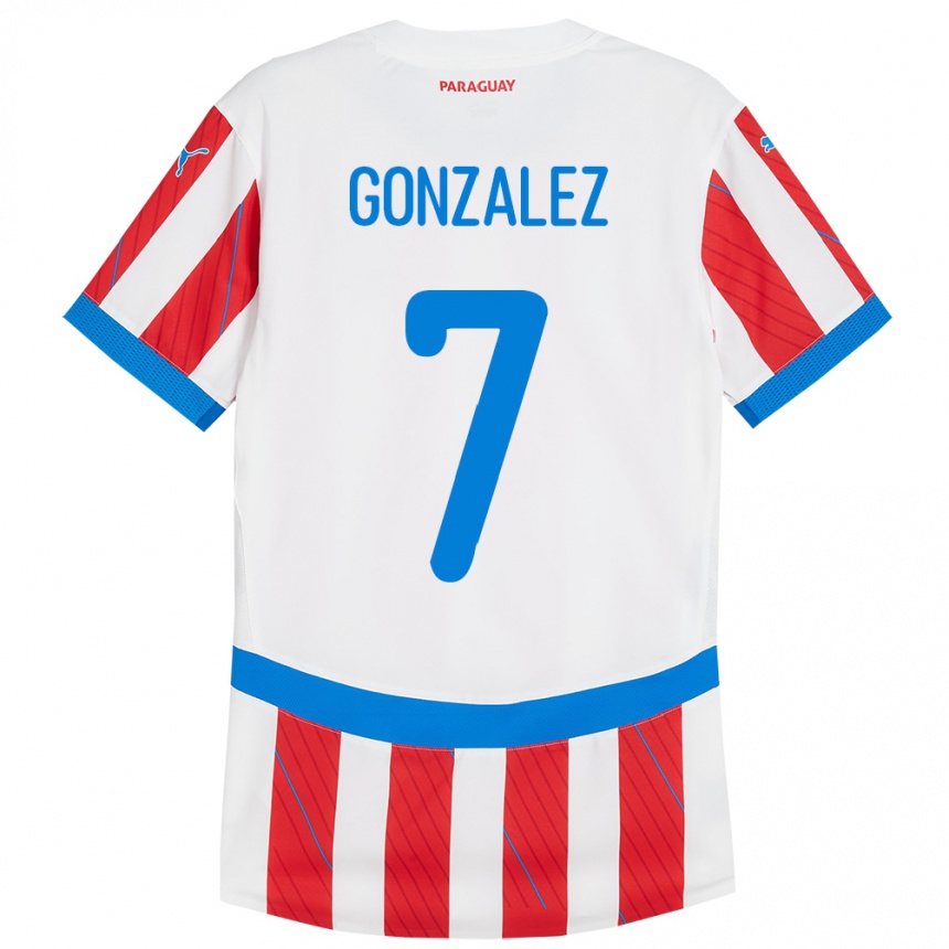 Gyermek Labdarúgás Paraguay Diego González #7 Fehér Piros Hazai Jersey 24-26 Mez Póló Ing