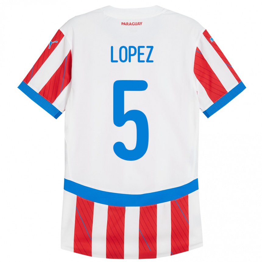 Gyermek Labdarúgás Paraguay Óscar López #5 Fehér Piros Hazai Jersey 24-26 Mez Póló Ing