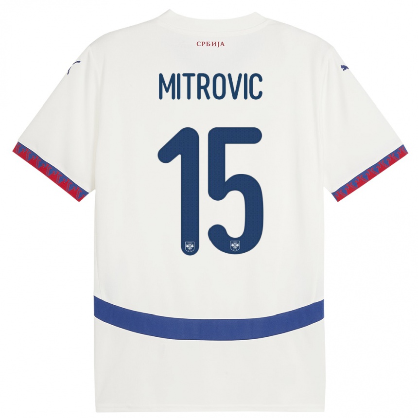 Gyermek Labdarúgás Szerbia Stefan Mitrovic #15 Fehér Idegenbeli Jersey 24-26 Mez Póló Ing