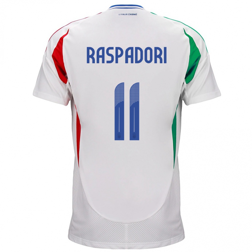 Gyermek Labdarúgás Olaszország Giacomo Raspadori #11 Fehér Idegenbeli Jersey 24-26 Mez Póló Ing