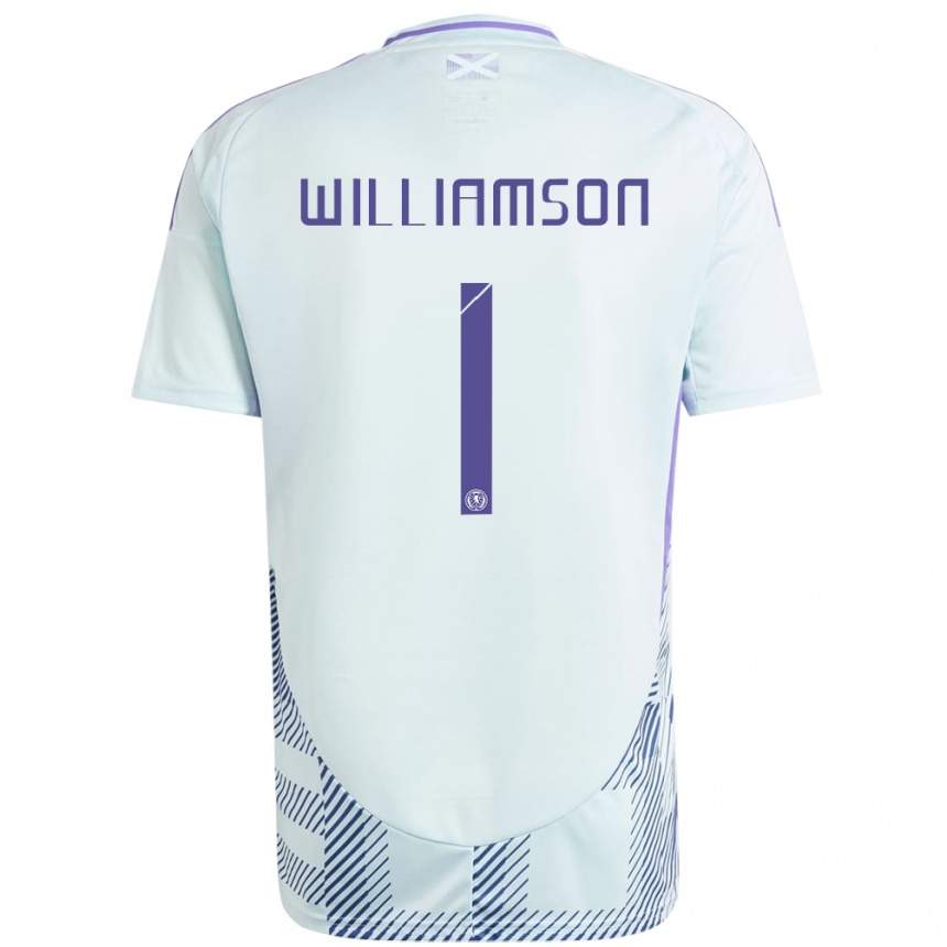 Gyermek Labdarúgás Skócia Woody Williamson #1 Világos Menta Kék Idegenbeli Jersey 24-26 Mez Póló Ing