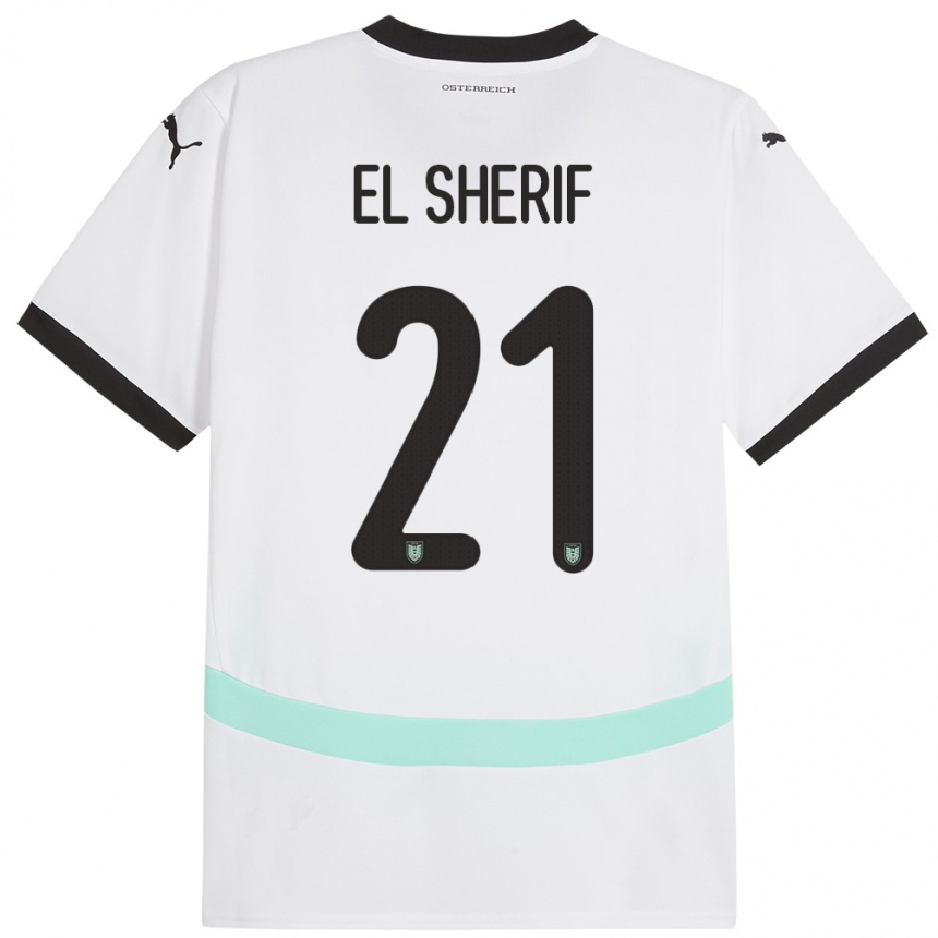 Gyermek Labdarúgás Ausztria Mariella El Sherif #21 Fehér Idegenbeli Jersey 24-26 Mez Póló Ing