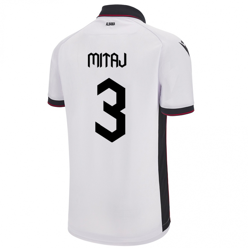 Gyermek Labdarúgás Albania Mario Mitaj #3 Fehér Idegenbeli Jersey 24-26 Mez Póló Ing