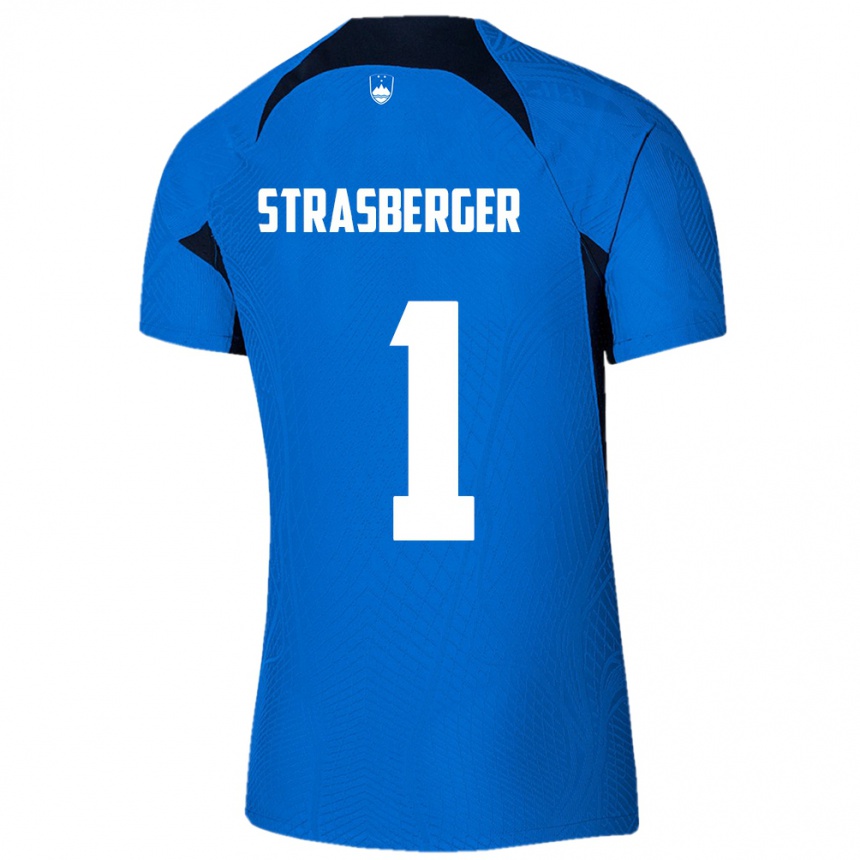 Gyermek Labdarúgás Szlovénia Tim Strasberger #1 Kék Idegenbeli Jersey 24-26 Mez Póló Ing