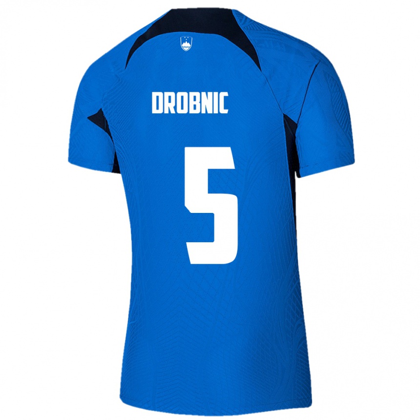 Gyermek Labdarúgás Szlovénia Dominik Drobnic #5 Kék Idegenbeli Jersey 24-26 Mez Póló Ing