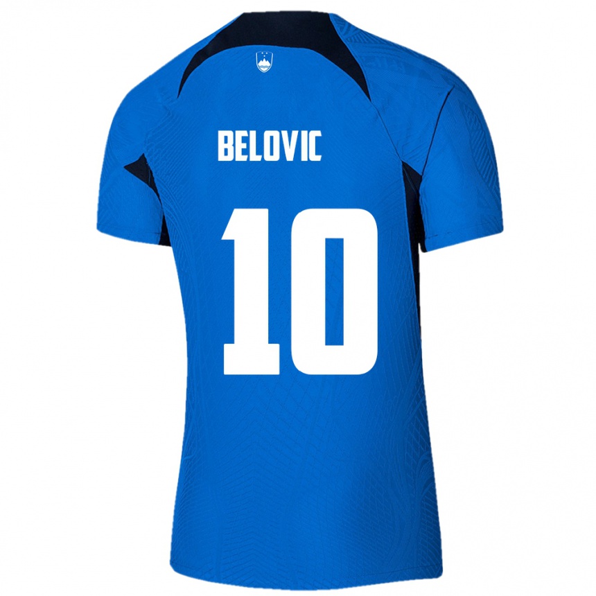 Gyermek Labdarúgás Szlovénia Nik Belovic #10 Kék Idegenbeli Jersey 24-26 Mez Póló Ing