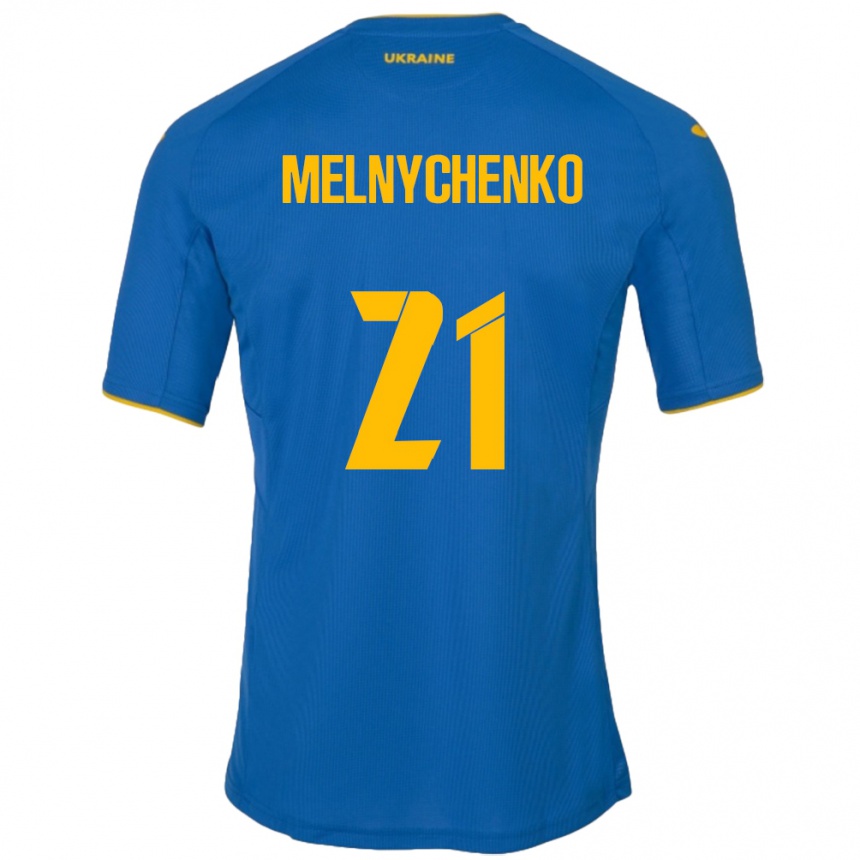 Gyermek Labdarúgás Ukrajna Maksym Melnychenko #21 Kék Idegenbeli Jersey 24-26 Mez Póló Ing