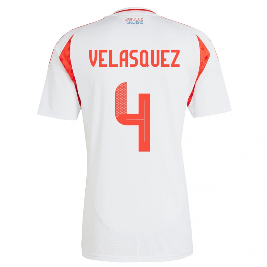 Gyermek Labdarúgás Chile Lucas Velásquez #4 Fehér Idegenbeli Jersey 24-26 Mez Póló Ing