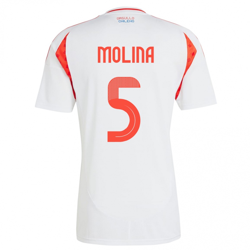 Gyermek Labdarúgás Chile Benjamín Molina #5 Fehér Idegenbeli Jersey 24-26 Mez Póló Ing