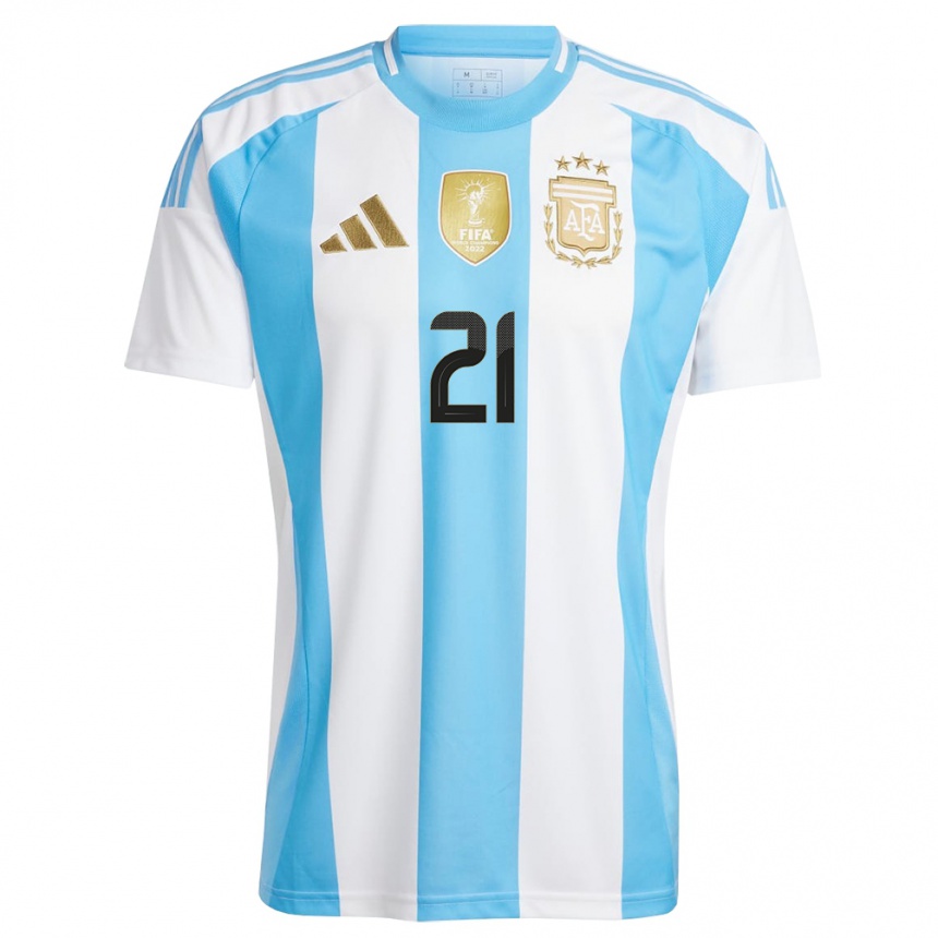 Férfi Labdarúgás Argentína Paulo Dybala #21 Fehér Kék Hazai Jersey 24-26 Mez Póló Ing