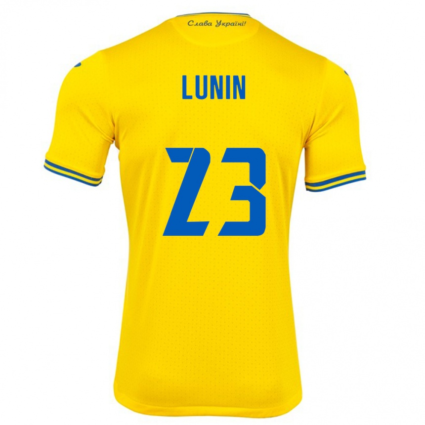 Férfi Labdarúgás Ukrajna Andriy Lunin #23 Sárga Hazai Jersey 24-26 Mez Póló Ing