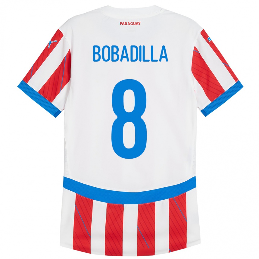 Férfi Labdarúgás Paraguay Damián Bobadilla #8 Fehér Piros Hazai Jersey 24-26 Mez Póló Ing