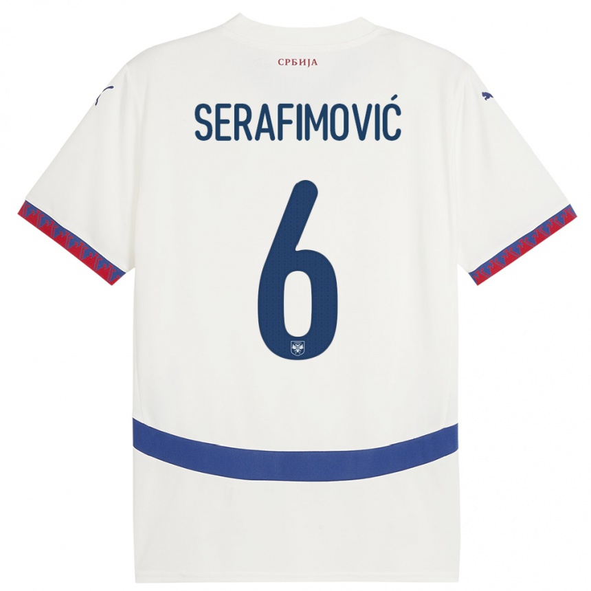 Férfi Labdarúgás Szerbia Vojin Serafimovic #6 Fehér Idegenbeli Jersey 24-26 Mez Póló Ing