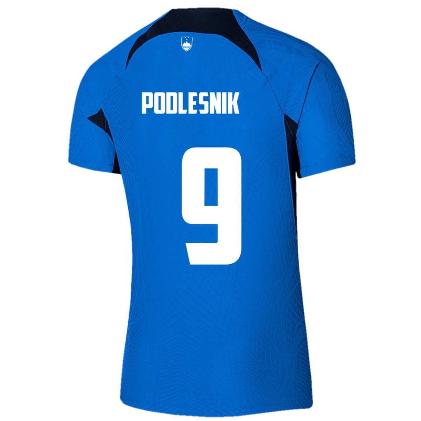 Férfi Labdarúgás Szlovénia Nik Podlesnik #9 Kék Idegenbeli Jersey 24-26 Mez Póló Ing