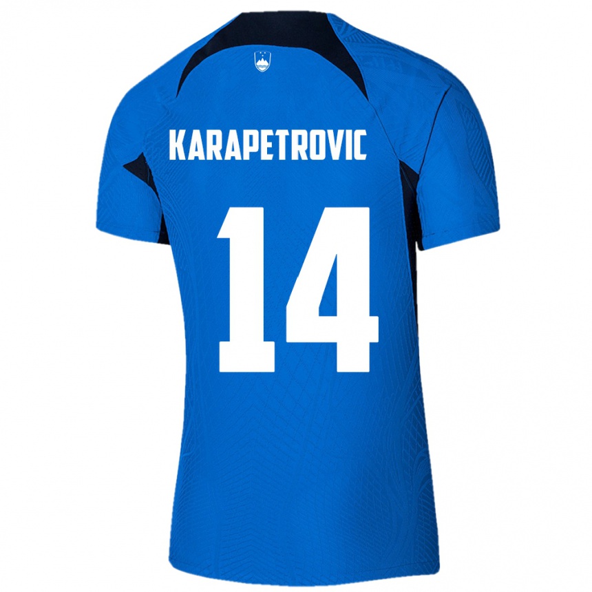 Férfi Labdarúgás Szlovénia Luka Karapetrovic #14 Kék Idegenbeli Jersey 24-26 Mez Póló Ing