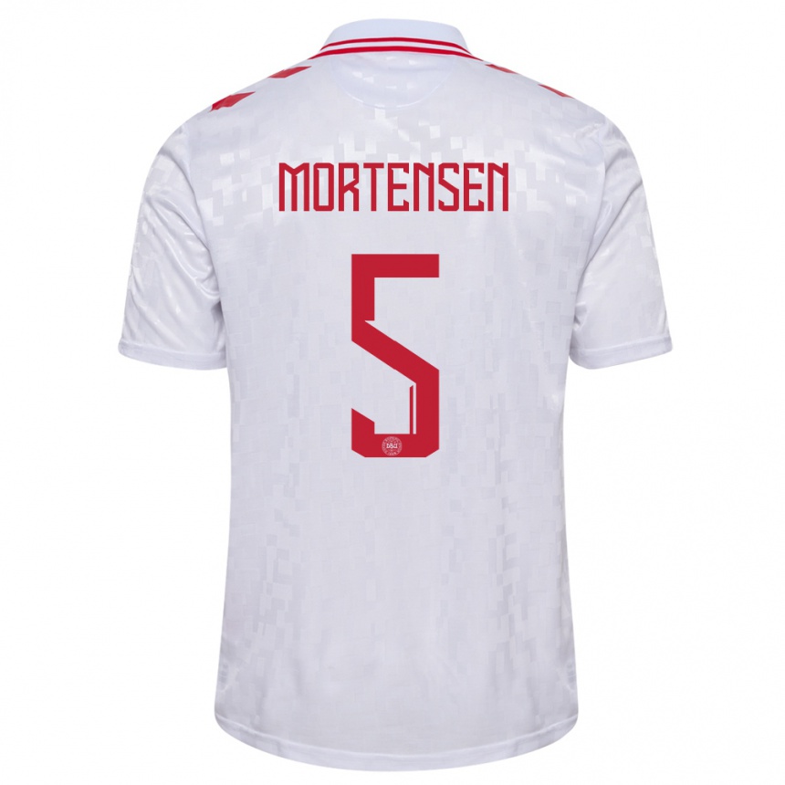 Női Labdarúgás Dánia Gustav Mortensen #5 Fehér Idegenbeli Jersey 24-26 Mez Póló Ing