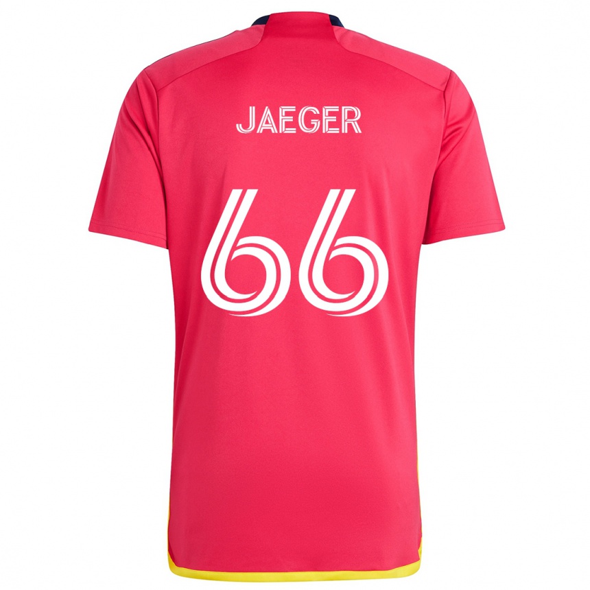 Gyermek Labdarúgás Kai Jaeger #66 Piros Kék Hazai Jersey 2024/25 Mez Póló Ing