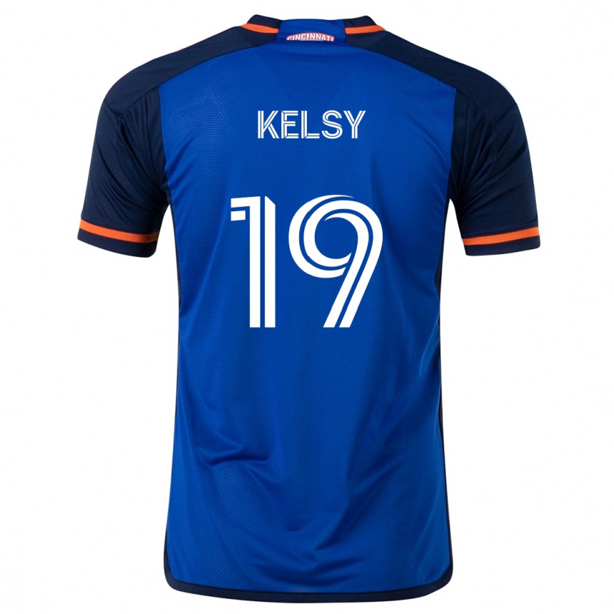 Gyermek Labdarúgás Kevin Kelsy #19 Kék Fehér Hazai Jersey 2024/25 Mez Póló Ing