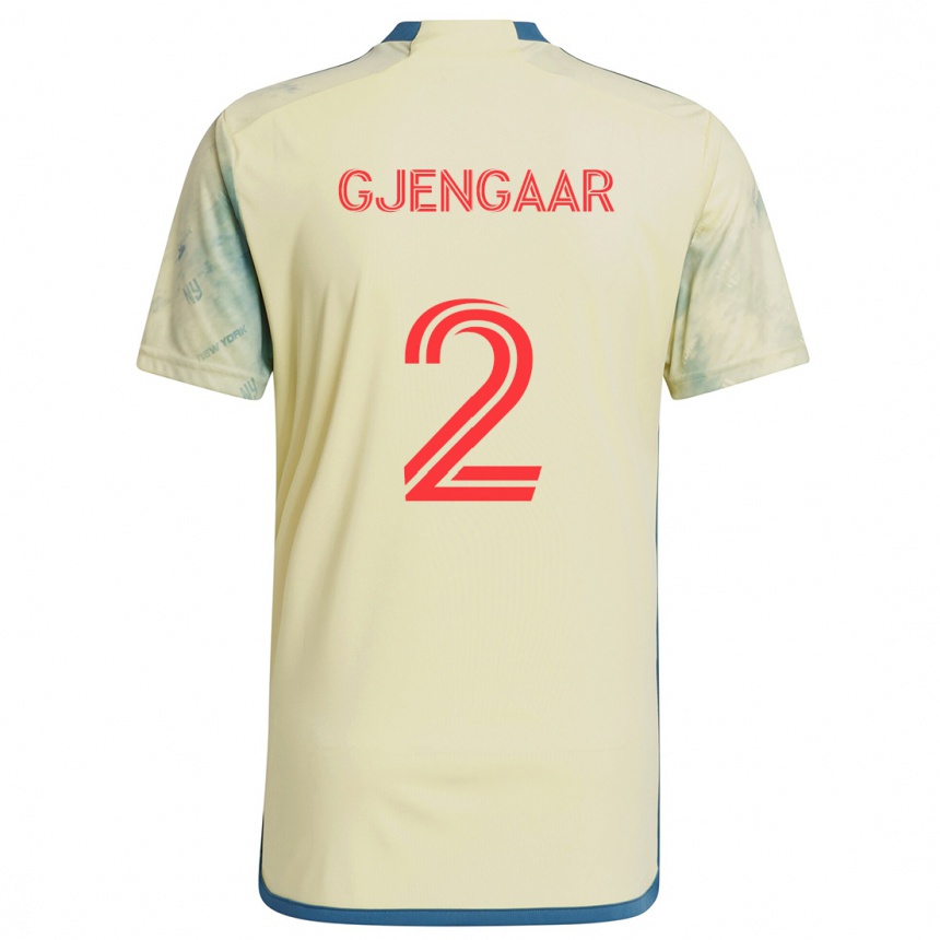 Gyermek Labdarúgás Dennis Gjengaar #2 Sárga Piros Kék Hazai Jersey 2024/25 Mez Póló Ing