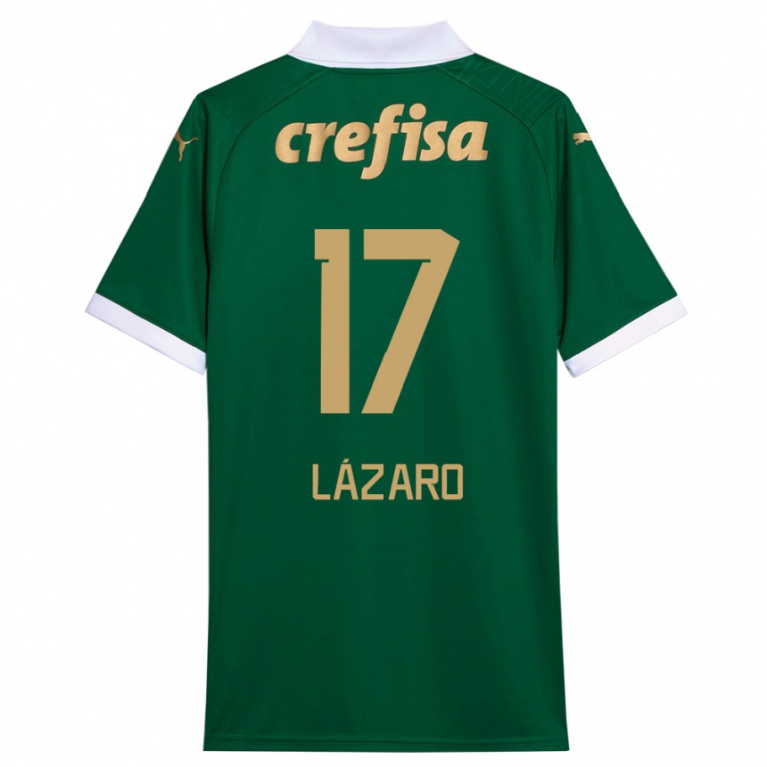 Gyermek Labdarúgás Lázaro #17 Zöld Fehér Hazai Jersey 2024/25 Mez Póló Ing