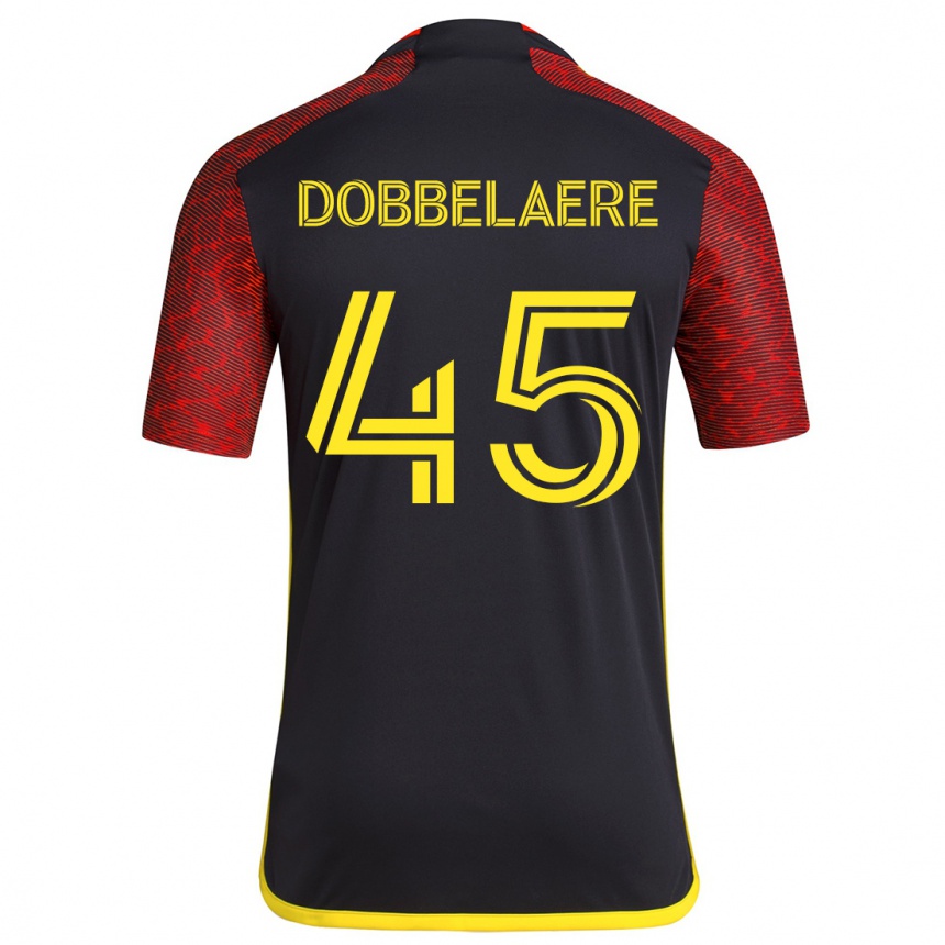 Gyermek Labdarúgás Ethan Dobbelaere #45 Piros Fekete Idegenbeli Jersey 2024/25 Mez Póló Ing